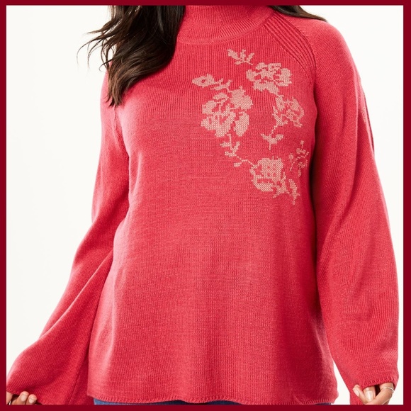 Woman Within Sweaters - METALLIC FLOWER EMBROIDERED  PLUS SIZE SWEATER